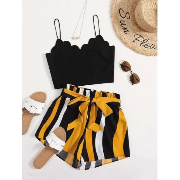 New SHEIN VCAY Scallop Trim Cami Top & Paperbag Waist Striped Shorts Set - Small - Picture 1 of 8